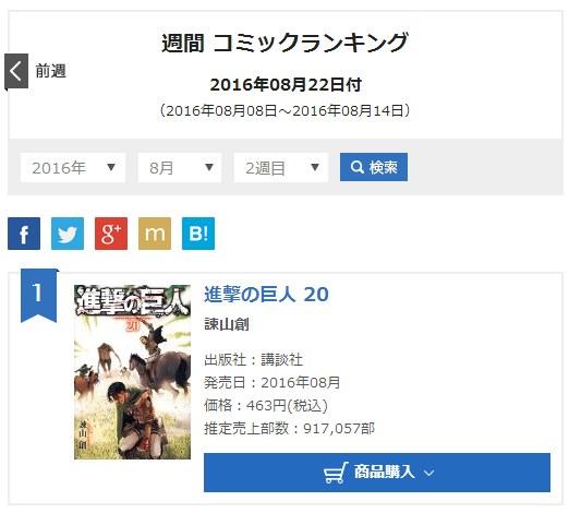 这很进击！《进击的巨人》漫画20卷发售首周销量破百万